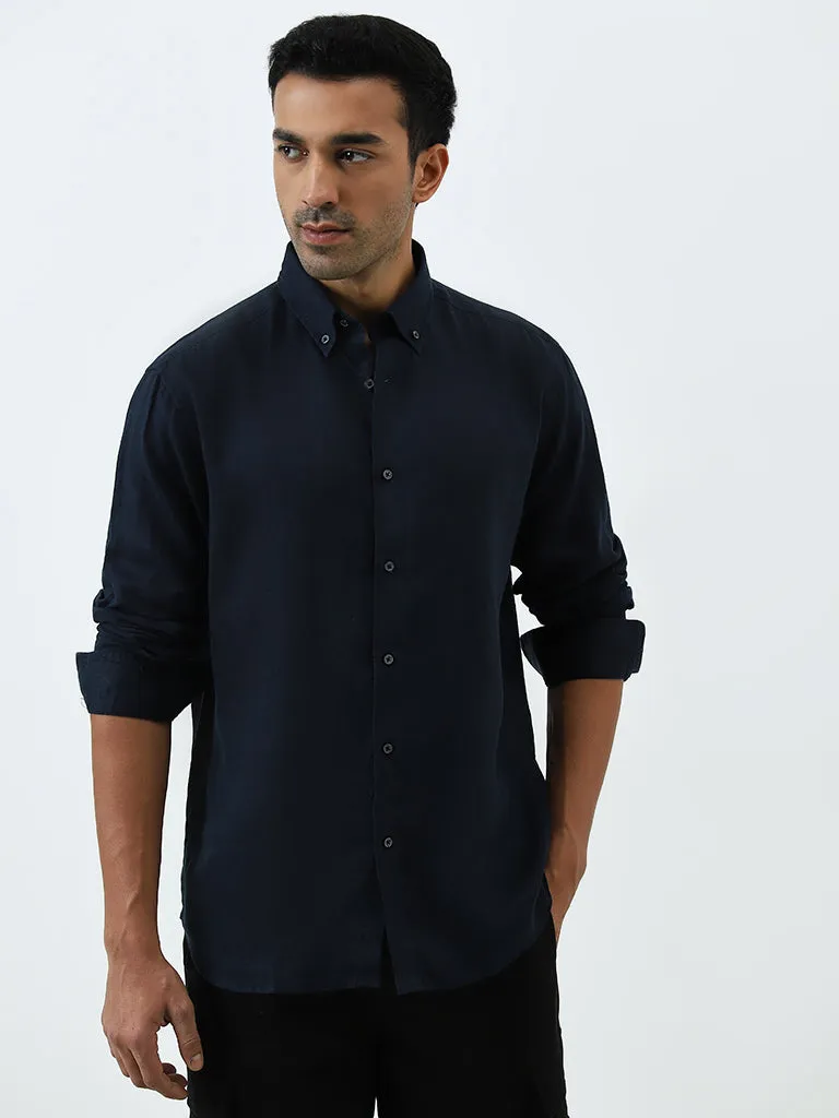 Ascot Navy Solid Relaxed-Fit Linen Shirt