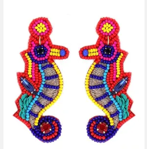 Beaded Earrings, Bright Seahorses