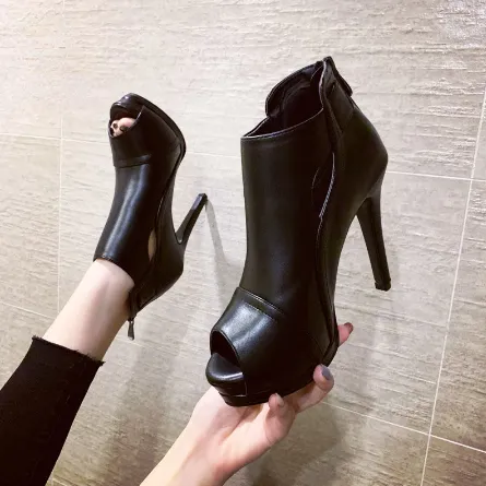 Black Peep Toe Zip-Up Gladiator Heels