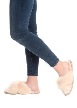 Cream Deep Criss Cross Sheepskin Slippers