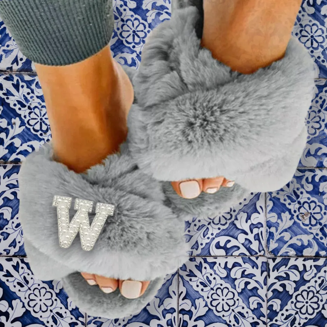 Customised Grey Faux Fur ‘ 𝓕𝓻𝓪𝓷𝓴𝓲𝓮‘ Slippers.