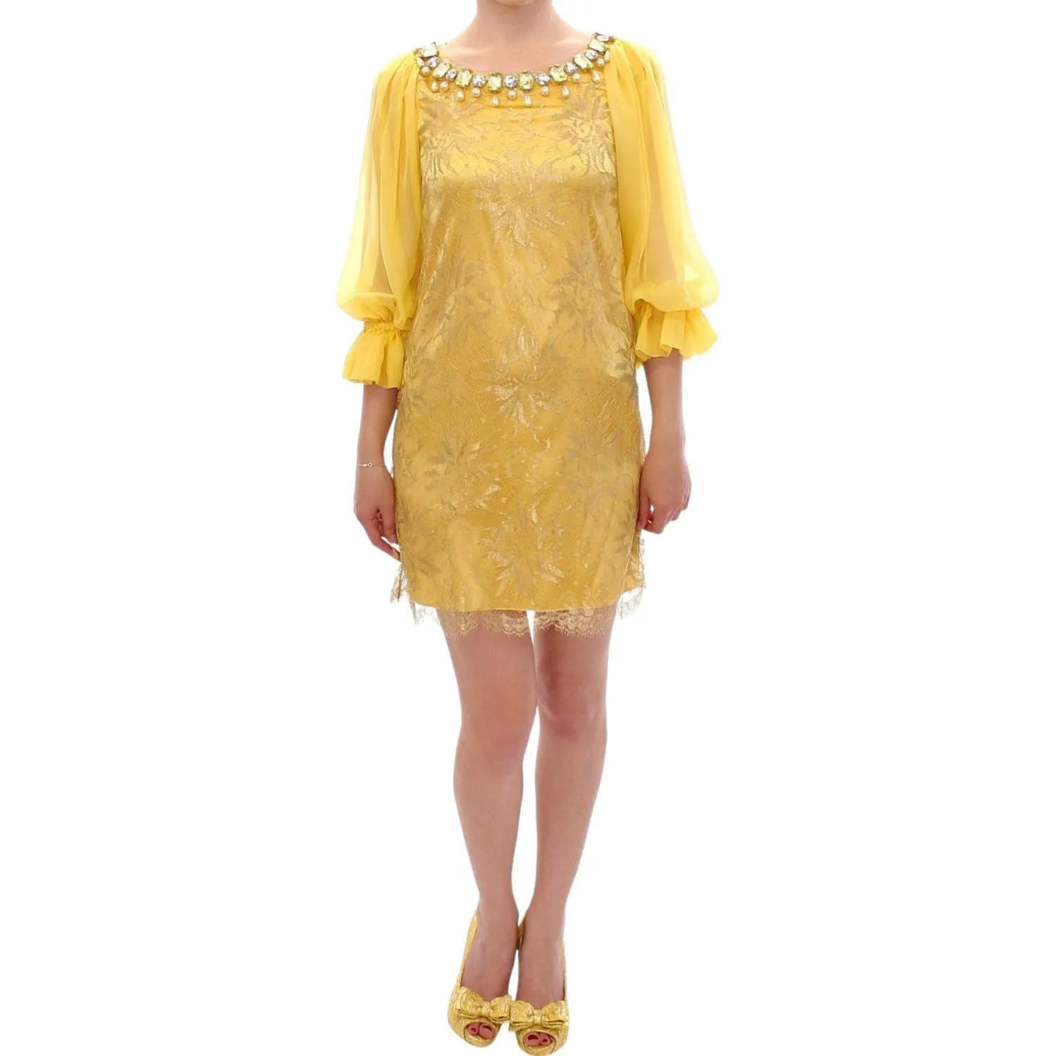 Dolce & Gabbana Yellow Lace Crystal Embellished Mini Dress