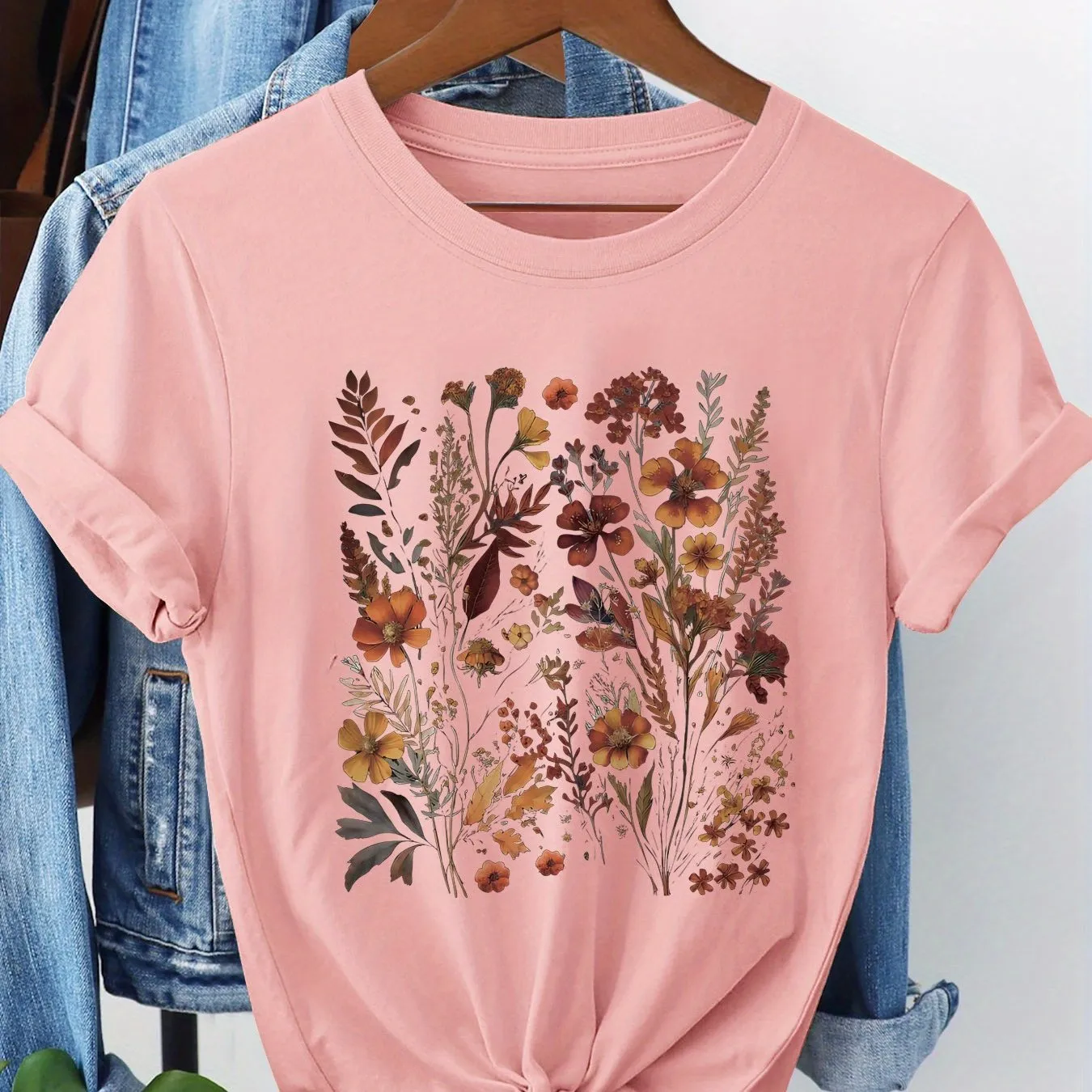 Floral Print T-Shirt, Short Sleeve Round Neck Casual Top for Summer, Spring,