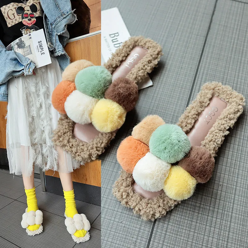 Fur Ball Slippers for Women