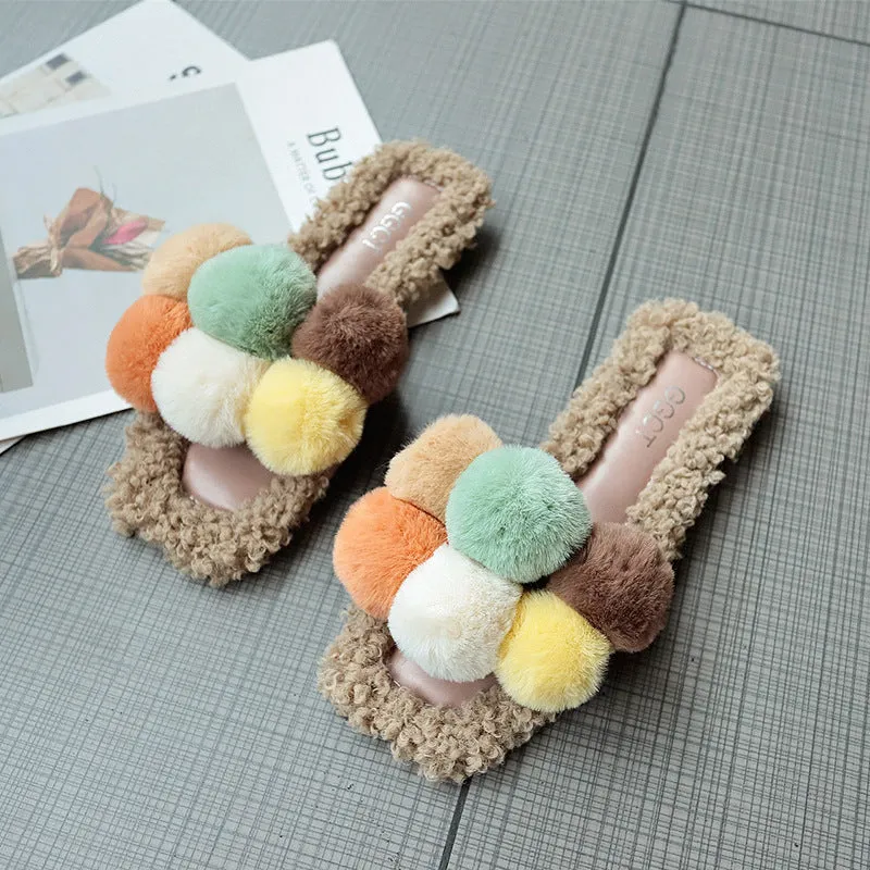 Fur Ball Slippers for Women