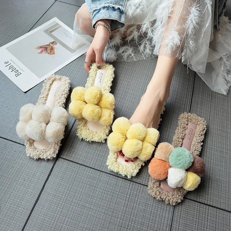 Fur Ball Slippers for Women