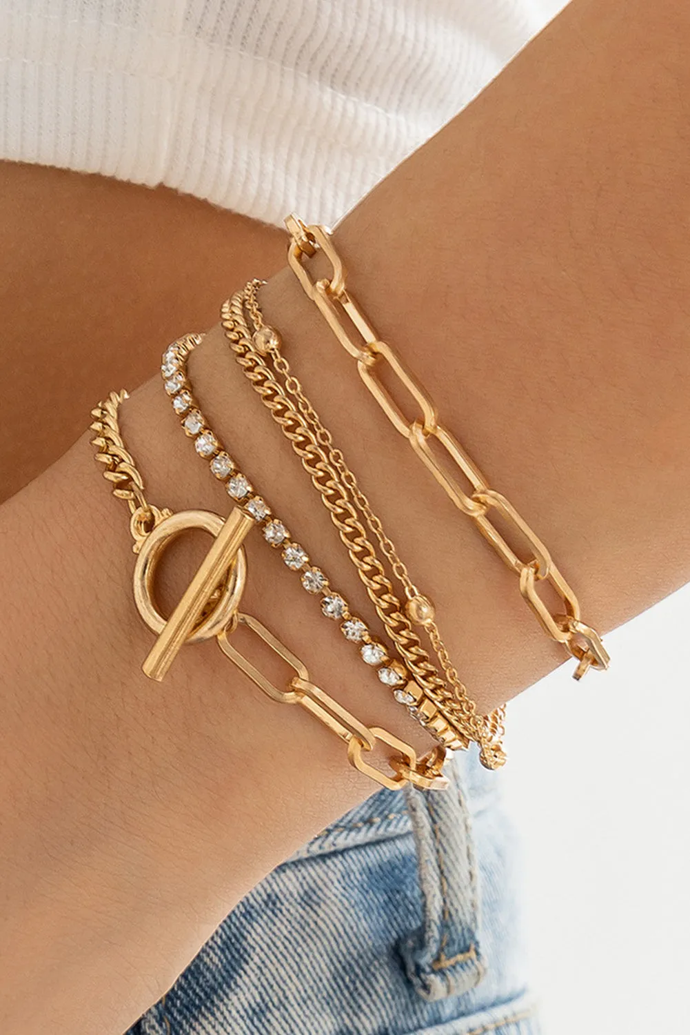 Gold Multi Layered Rhinestone Plated Chain Bracelet Set